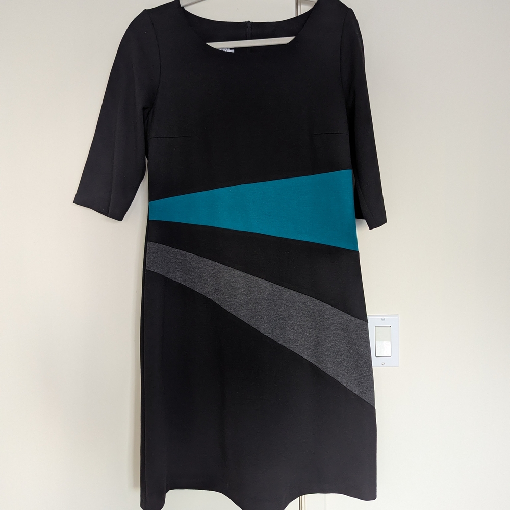Elegant Black Dress with Teal and Gray Accents